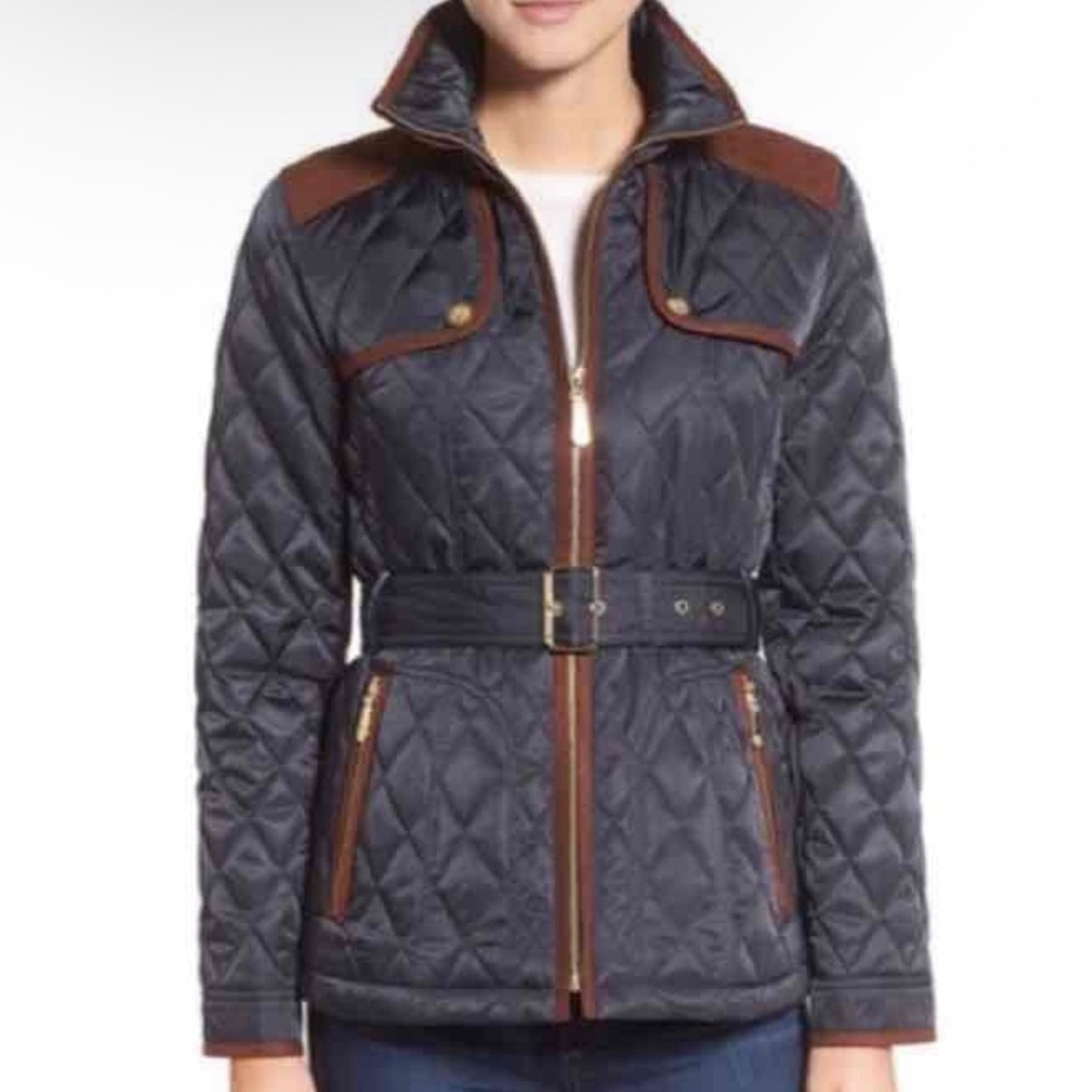 Vince Camuto diamond-quilted field jacket navy blue puffer coat suede NWOT XS